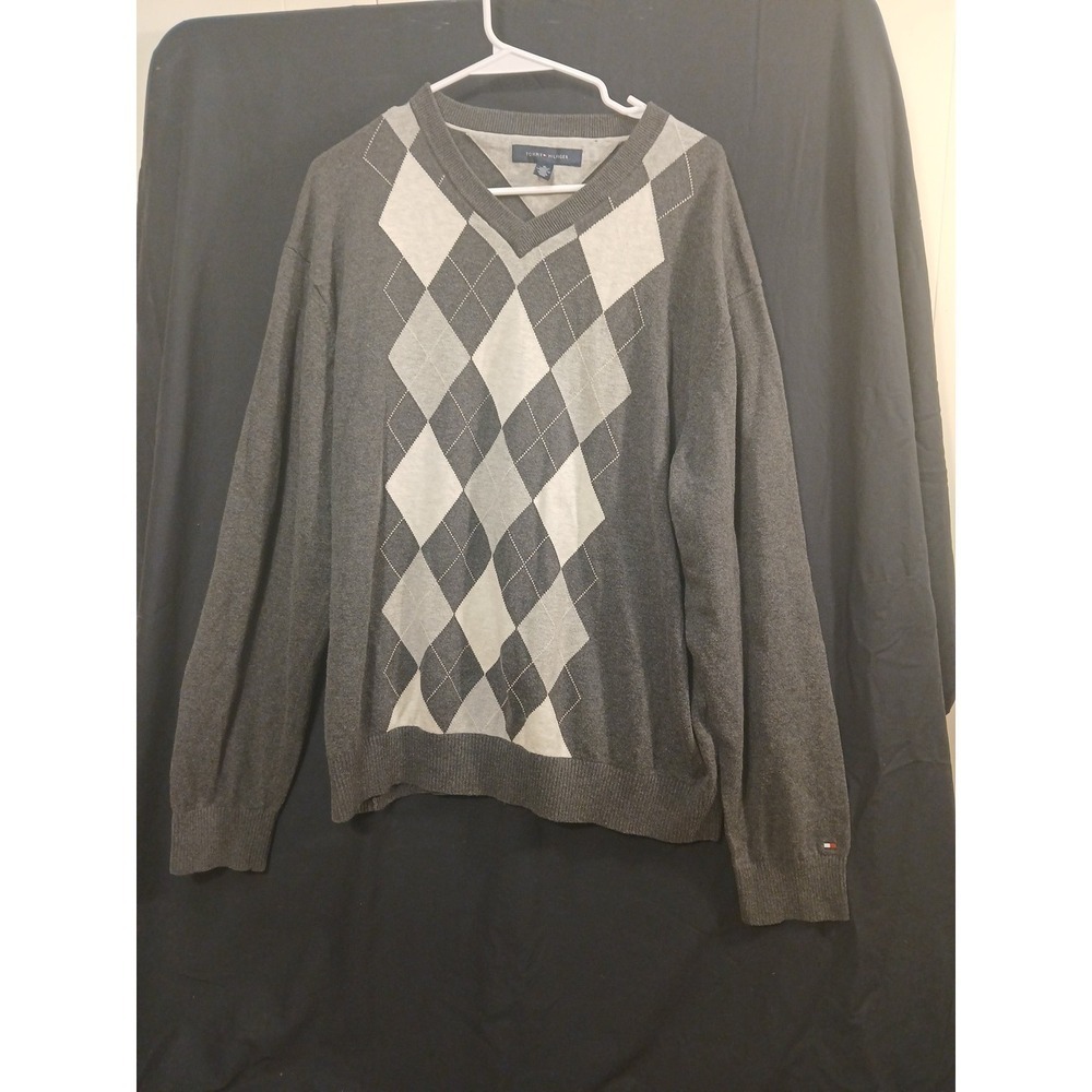 Tommy Hilfiger Men's‎ Long Sleeve Argyle Pullover V-Neck Sweater Gray White!!